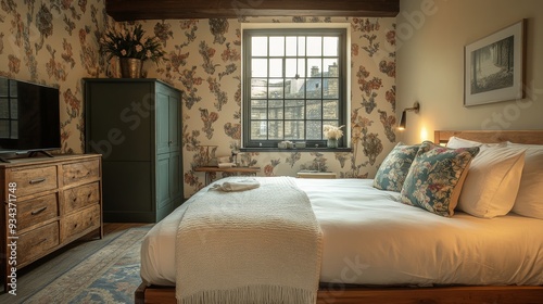 Cozy bedroom with natural light and floral wallpaper in a modern boutique hotel