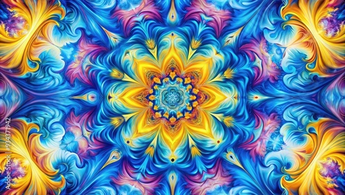 Vibrant splashes of blue, yellow, and pink swirl together in an abstract kaleidoscope of colors, blending seamlessly to create a mesmerizing visual experience.