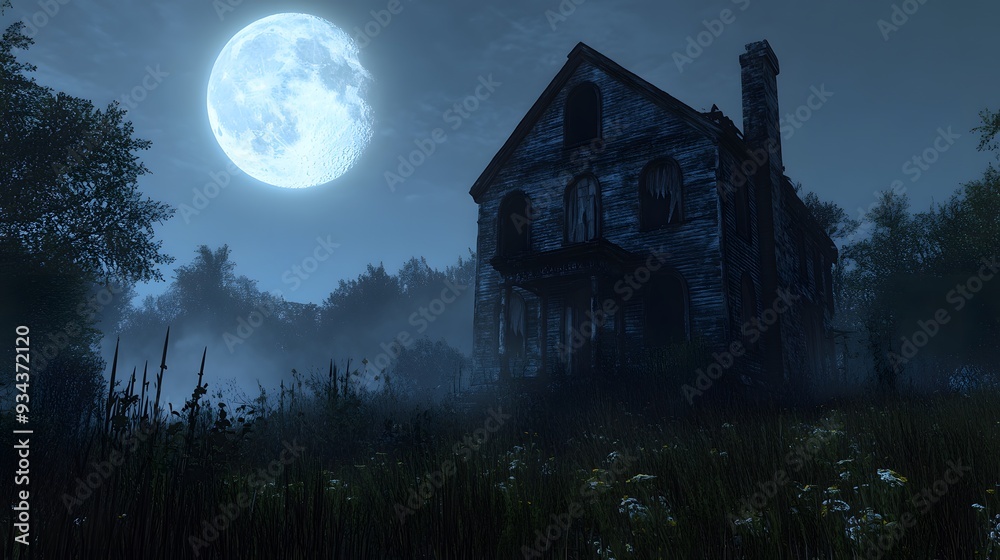 Abandoned haunted house under a full moon with broken windows and overgrown weeds Abandoned haunted house under a full moon with broken windows and overgrown weeds