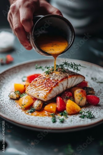 Chef pouring sauce over grilled salmon with seasonal fruits on a plate in a f...