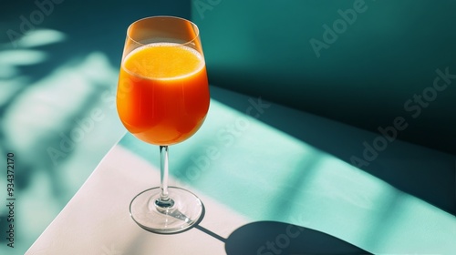 Elegant wine glass with rose-colored beverage set against a teal background