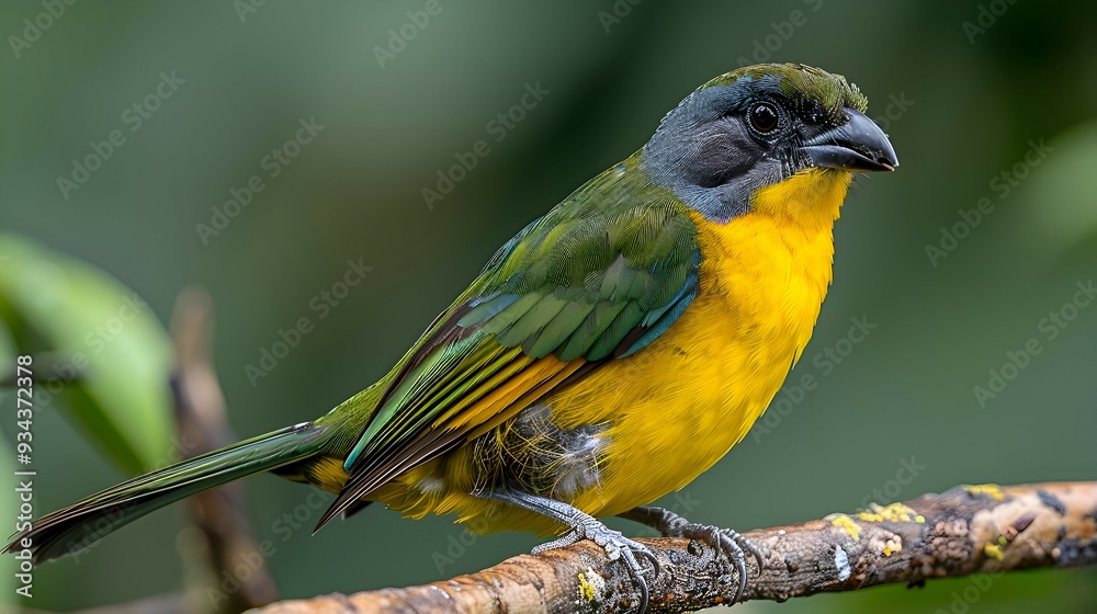 Naklejka premium Amazon Chestnut-bellied Seedeater perched on a branch, its distinctive plumage