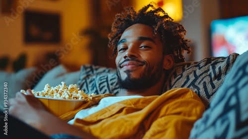 Young man enjoying popcorn while relaxing on a couch in a cozy living room at...