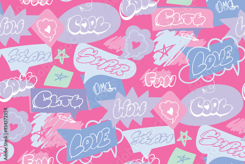 Seamless lettering pattern street art style words Wow, Super, Cute, fun, yeah. Comics words ornament. pink background. Speech cloud, star, heart. repeat print for fashion, girl clothes, wrapping paper