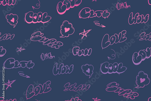Abstract seamless lettering pattern with text Oh my god, cute, yeah, cool, super, cool. Girlish topography ornament. Words print for sport girl textile, wrapping paper. Graffiti street art style