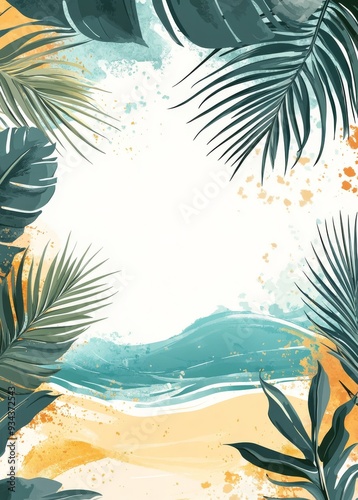 Tropical beach landscape framed by palm leaves at dusk