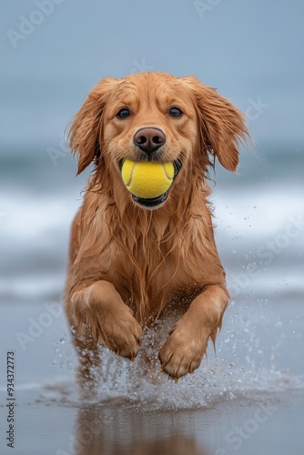 Golden retriever runs happily on the beach with a tennis ball in its mouth