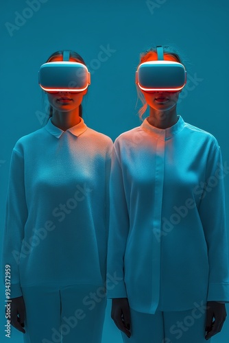 Young adults experiencing virtual reality in a colorful smoke-filled environm...