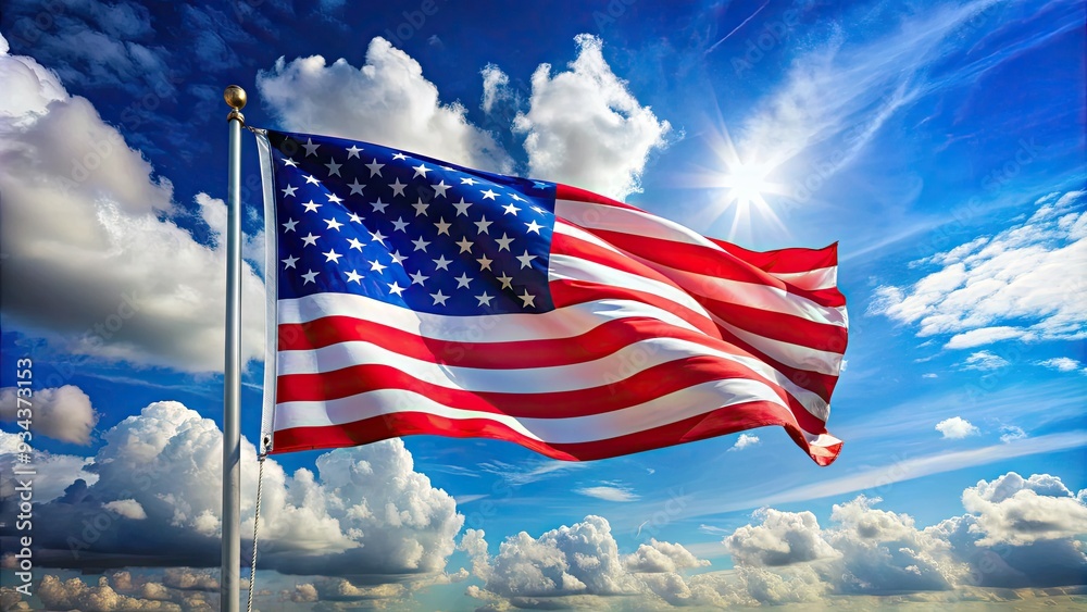 Vibrant Stars and Stripes waving in the wind, American flag proudly displayed on a bright blue sky with fluffy white clouds, symbolizing freedom and pride. Vibrant Stars and Stripes waving in the wind, American flag proudly displayed on a bright blue sky with fluffy white clouds, symbolizing freedom and pride.