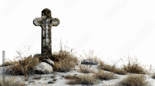 Cross in the middle of a field of grass and rocks with a white background photo