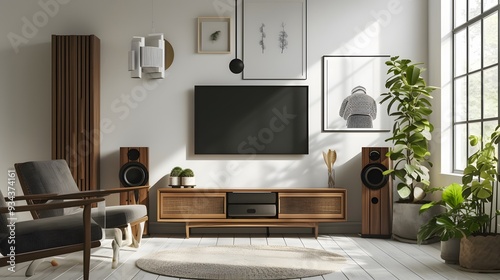 Wallpaper Mural A minimalistic cinematic poster in a wooden frame displayed in a minimalist room  AI generated illustration Torontodigital.ca