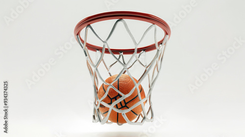 Ball in a basketball basket on white background