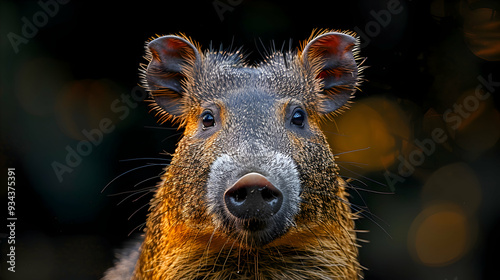 Amazon Collared Peccary face, its tusks and fur detailed with a soft focus background