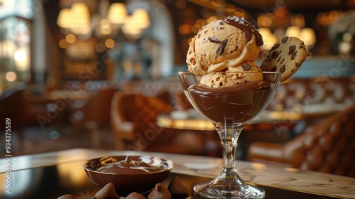 A glass bowl filled with a delicious scoop of ice cream, topped with a cookie and drizzled with decadent chocolate sauce, perfect for a sweet summer snack.