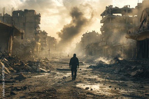 Person walking through war-torn, destroyed city streets, surrounded by rubble and smoke, symbolizing devastation, conflict, and resilience