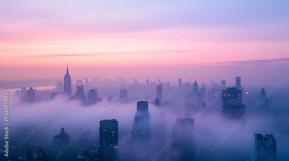 Obraz premium A pastel city skyline enveloped in a subtle fog at dawn AI generated illustration