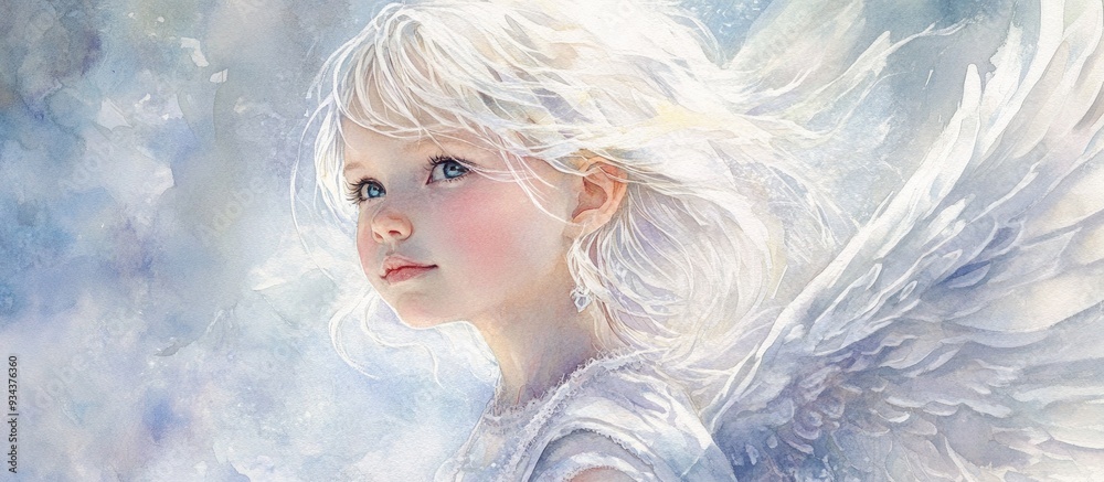 Watercolor depiction of a child angel featuring white hair