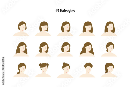 15 hairstyle women portrait set. Female long and short haircut collection. Flat vector people character design illustration isolated on white background.