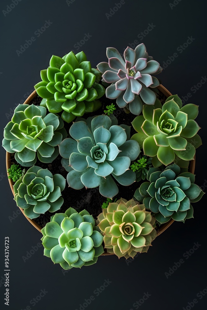 A portrait of mini succulent plants arranged in a top view with a black background AI generated illustration A portrait of mini succulent plants arranged in a top view with a black background AI generated illustration
