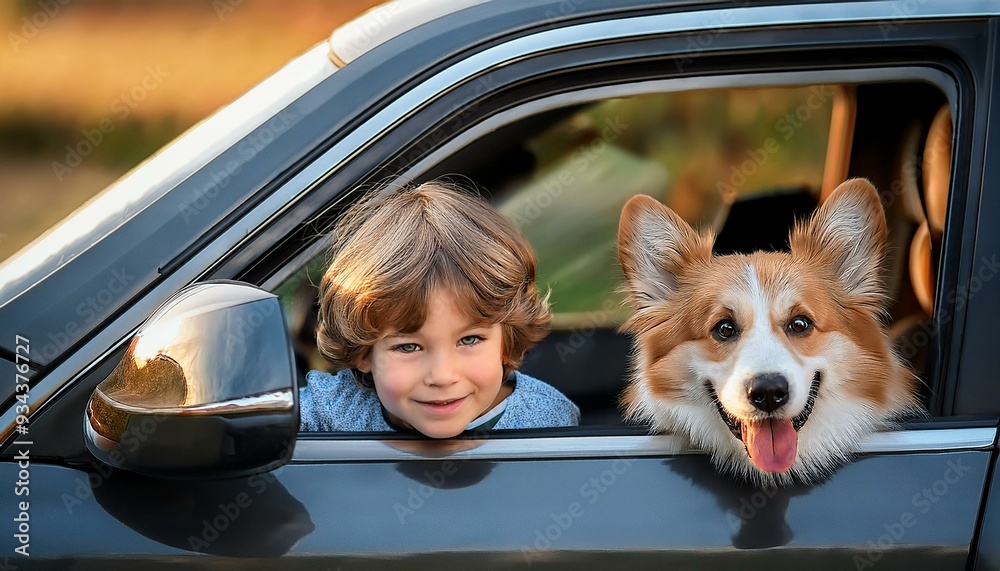 A boy and his dog looking out of a car window.