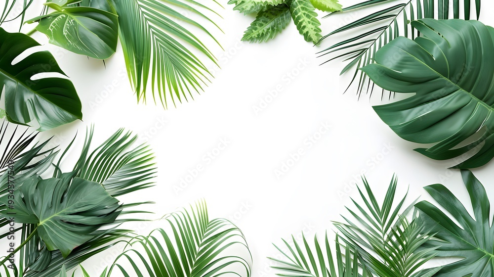 Naklejka premium A scenic view of tropical leaf textures and patterns on a pure white backdrop AI generated illustration