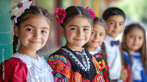 Group of Children in Traditional Mexican Clothing Smiling at a Cultural Event