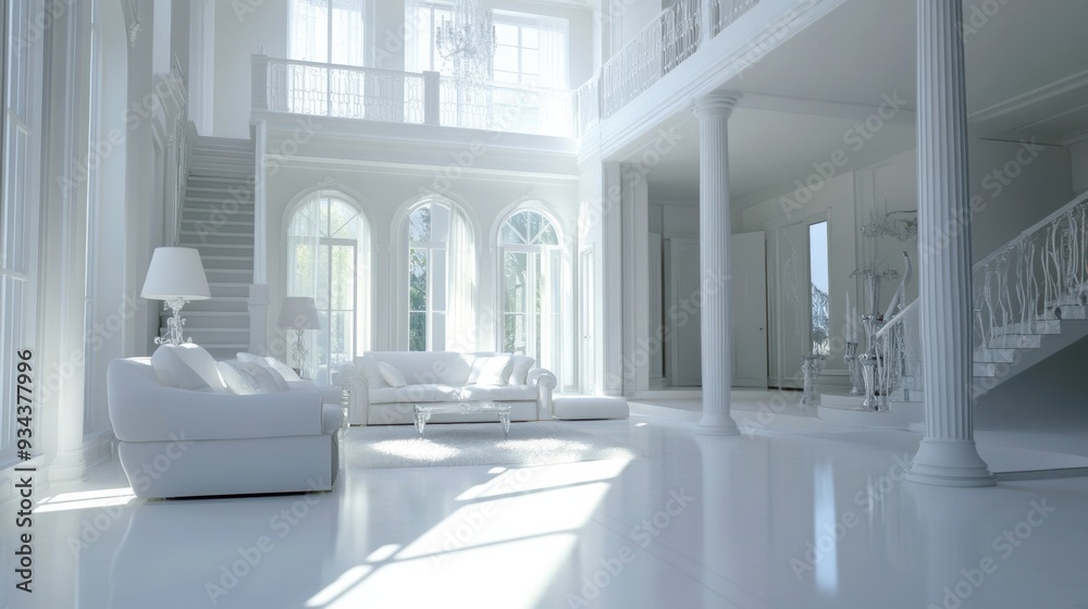 A large white room with a staircase and two couches, AI