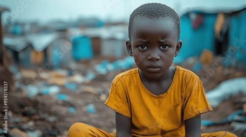 Full-Body Portrait of an African Child Sitting in Front of a Slum with Blurred Background photo