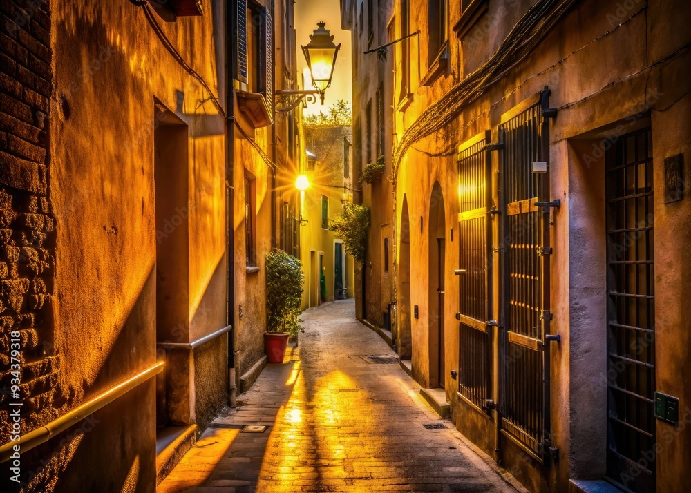 warm golden light channels through urban alleys, illuminating dark ...