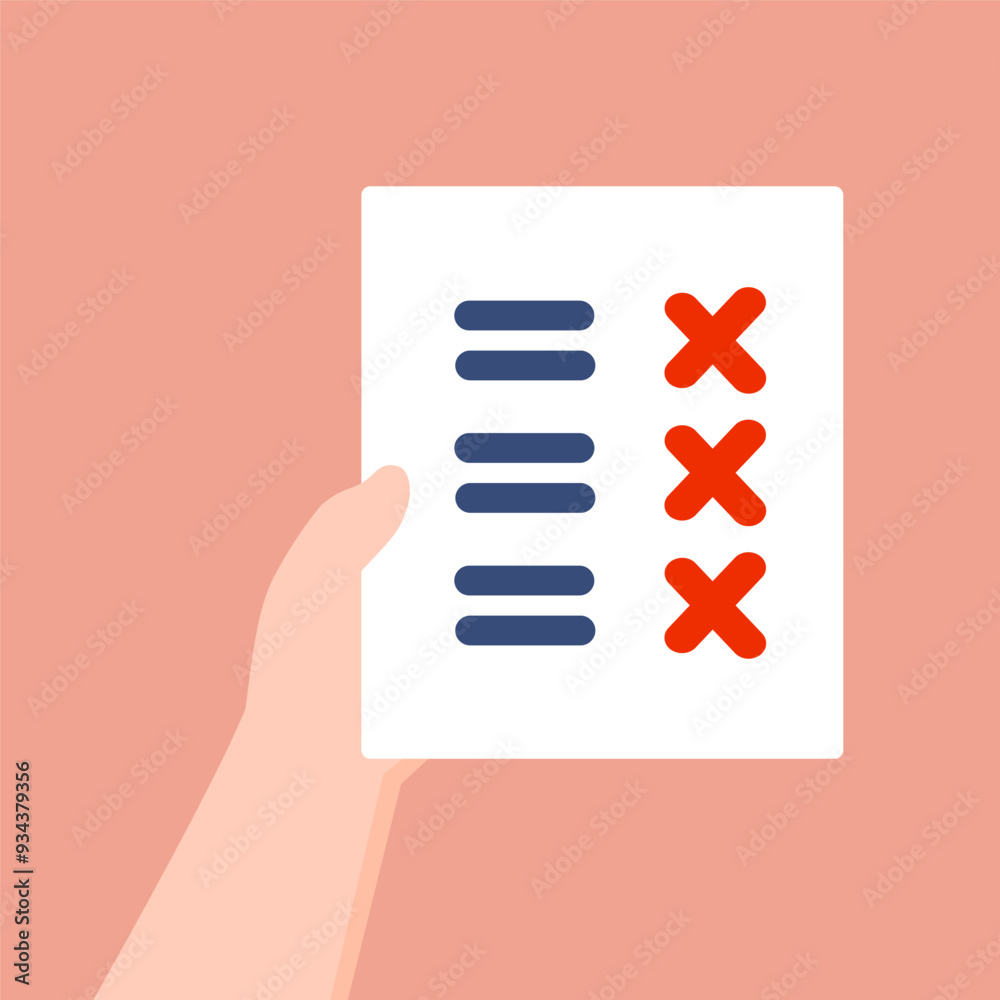 Hand holding paper form with cross mark. Failed score result. Performance, achievement, evaluation concepts. Flat vector design illustration isolated on background. Hand holding paper form with cross mark. Failed score result. Performance, achievement, evaluation concepts. Flat vector design illustration isolated on background.