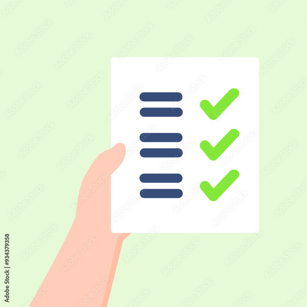 Hand holding paper form with tick check mark. Excellent score result checklist. Performance, success, approval, achievement, evaluation concepts. Flat vector design isolated illustration. Hand holding paper form with tick check mark. Excellent score result checklist. Performance, success, approval, achievement, evaluation concepts. Flat vector design isolated illustration.