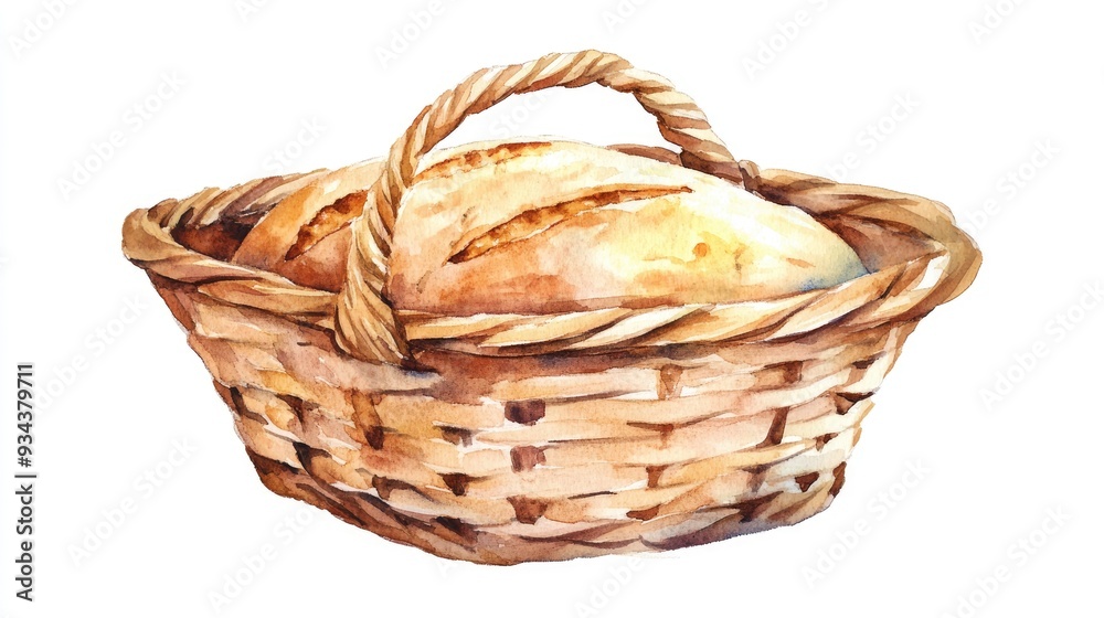 Vibrant watercolor illustration of a wicker bread basket isolated on a white background Vintage hand drawn sketch design in a rustic style