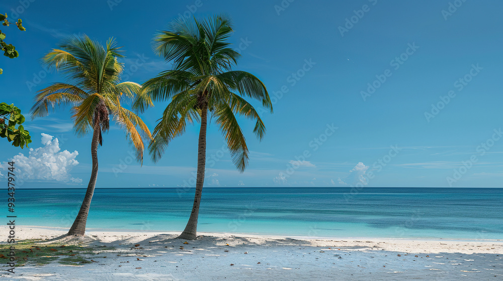 Fototapeta premium Palm tree at beach with green sea. Luxury travel vacation destination. Exotic beach landscape. Amazing nature, relax, freedom tourism