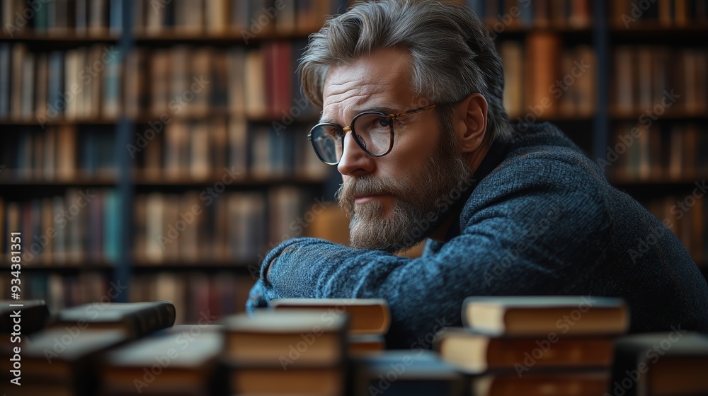 Man Studying in Library - A focused individual surrounded by shelves of books in a quiet library setting Man Studying in Library - A focused individual surrounded by shelves of books in a quiet library setting