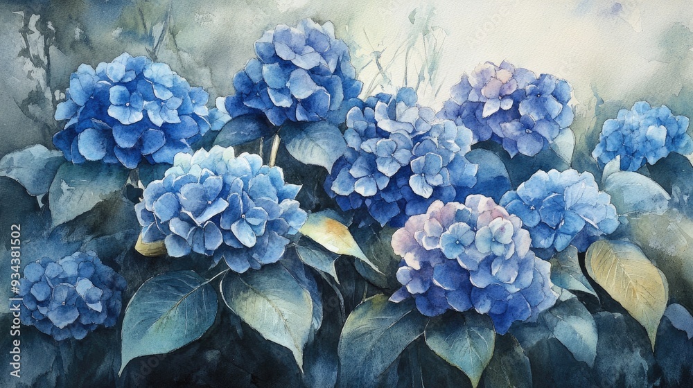 Watercolor depiction of hydrangea flowers during the rainy season Watercolor depiction of hydrangea flowers during the rainy season