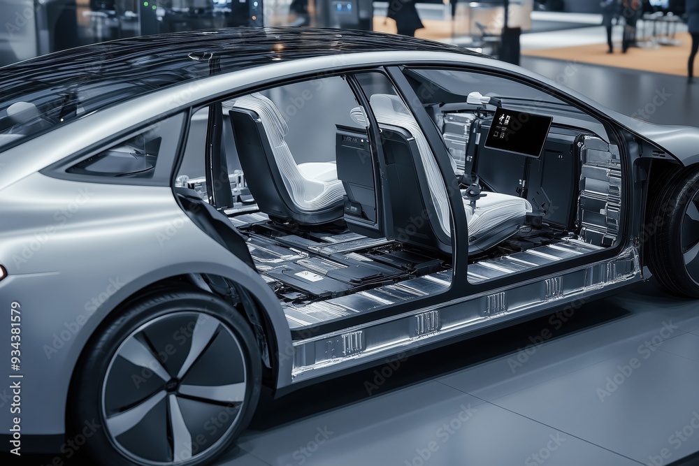 Fototapeta premium Electric Car with lithium ion battery assembly production Line
