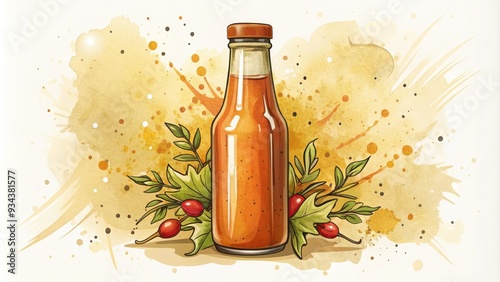 Whimsical illustration of a sauce bottle with a sketch-style label, surrounded by splatters and strokes, on a textured, creamy white background with subtle shadows. photo