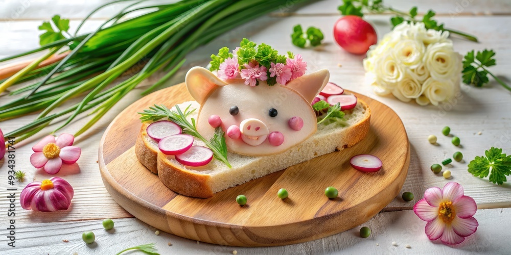 Whimsical pig-shaped chopping board holds a satisfying snack of bread, butter, and radish, garnished with chive flowers, on a clean white table. Whimsical pig-shaped chopping board holds a satisfying snack of bread, butter, and radish, garnished with chive flowers, on a clean white table.