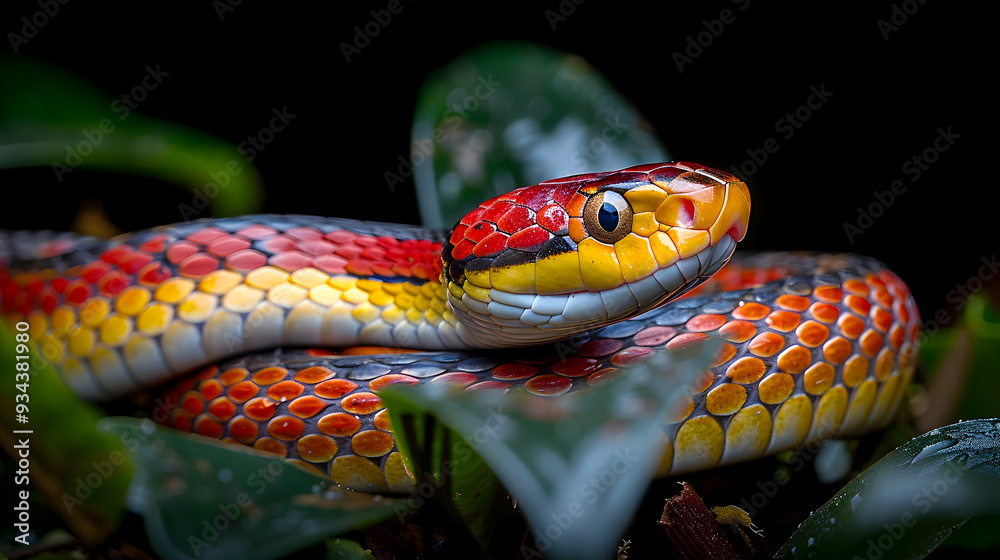 Fototapeta premium Amazon Coral Snake slithering through the underbrush, its colorful scales visible