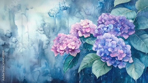 Fototapeta Naklejka Na Ścianę i Meble -  Watercolor depiction of Hydrangea flowers set against a rainy season backdrop