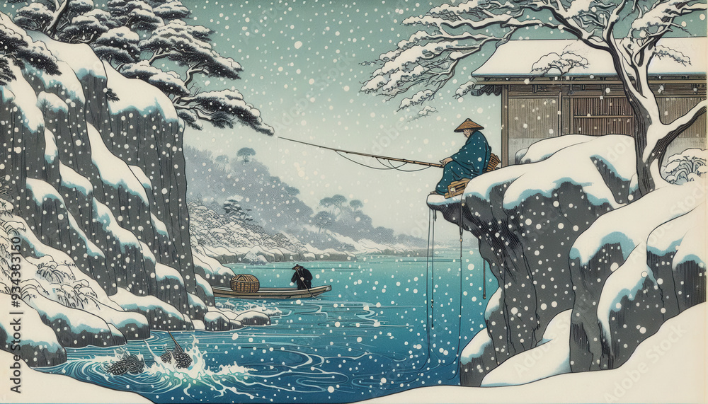 Naklejka premium 浮世絵（Ukiyoe）／冬の釣り人