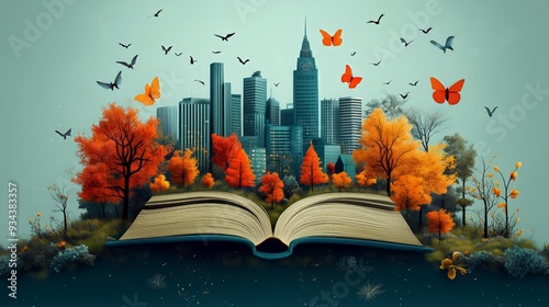 A creative illustration showcasing an open book with its pages morphing into a bustling cityscape amidst autumn foliage.