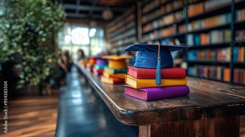 A graduation cap rests atop a vibrant stack of books arranged by color spectrum on a wooden table, with a blurred library bookshelf in the background