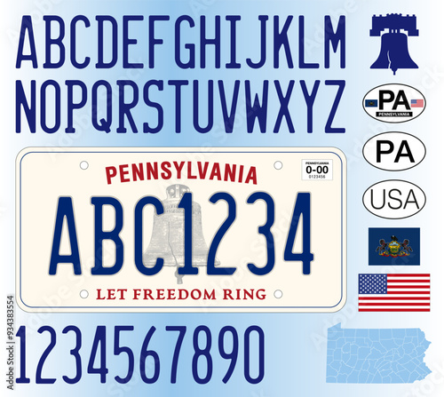 Pennsylvania US State car license plate new style pattern, letters, numbers and symbols, vector illustration, United States