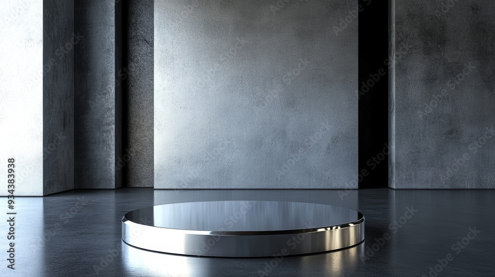 Obraz premium A silver circular pedestal sits in a room with a gray wall