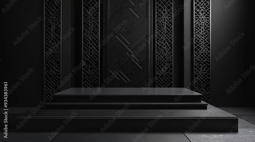 A black room with a black podium in the center A black room with a black podium in the center