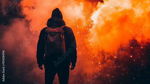 Dramatic silhouette of a men firefighter battling a burning sky, casting an eerie glow against the dark, smoky backdrop