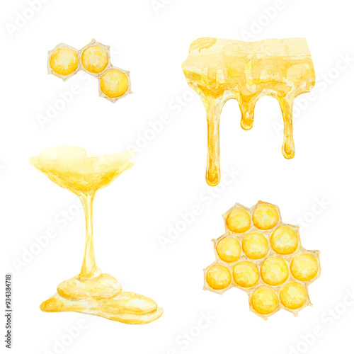 Sweet honey. Watercolor hand drawn illustration. Isolated, cut out clip art. The drawing is suitable for prints, stickers, beekeeping product packaging design, spa treatments, cosmetics, cooking