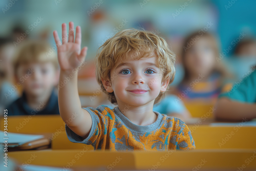 Children with arm raised in school classroom Children with arm raised in school classroom