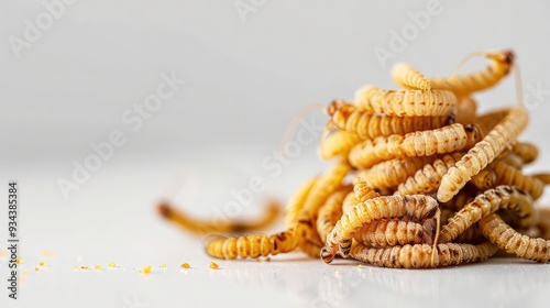 Close-up of a pile of dried mealworms. The mealworms are a light brown color and have a slightly crunchy texture. There are a few small pieces of mealworms scattered on the surface of the table. photo